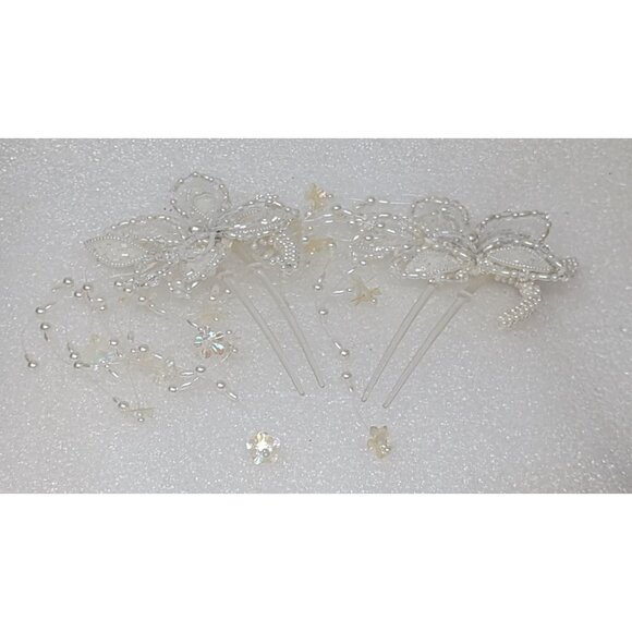 Bridal Hair Combs With Beaded Floral Design & Pearls Set of 2 - Picture 1 of 4